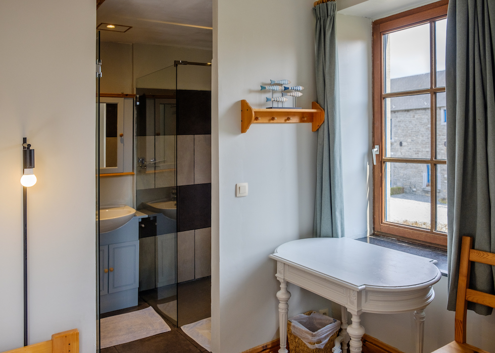 Chambre avec deux lits simples , une salle de douche privative et lavabo.